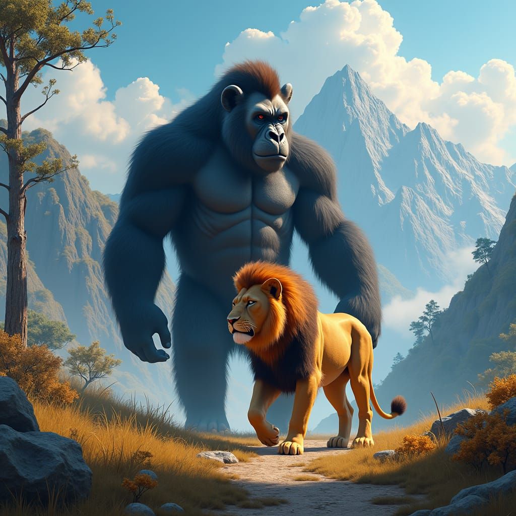 Lion and Gorilla in a Vibrant Fantasy Landscape