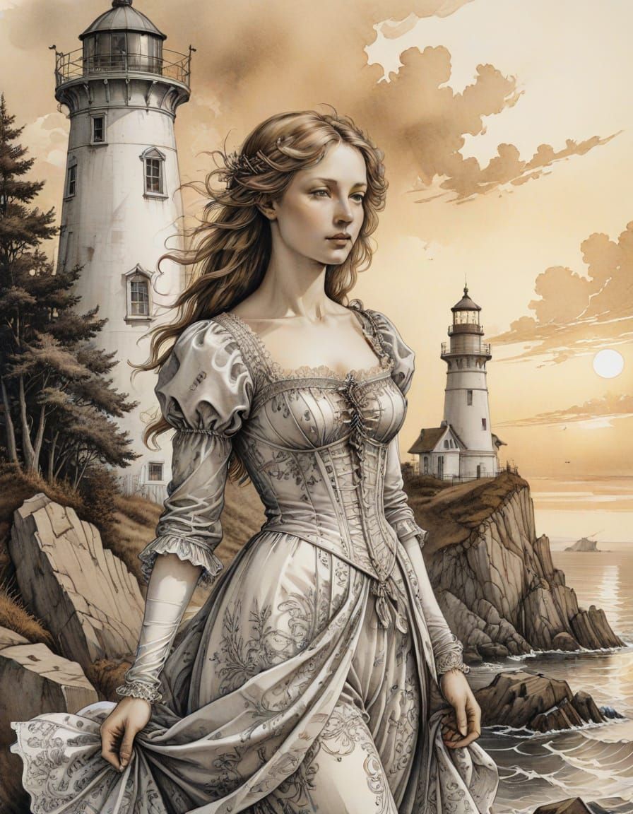 Victorian Maiden in Golden Light, Albrecht Dürer-Inspired Li...