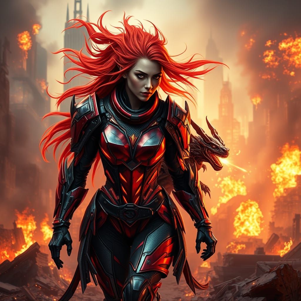 Cyberpunk Warrior in Fiery Armor Advances Through Smoldering...