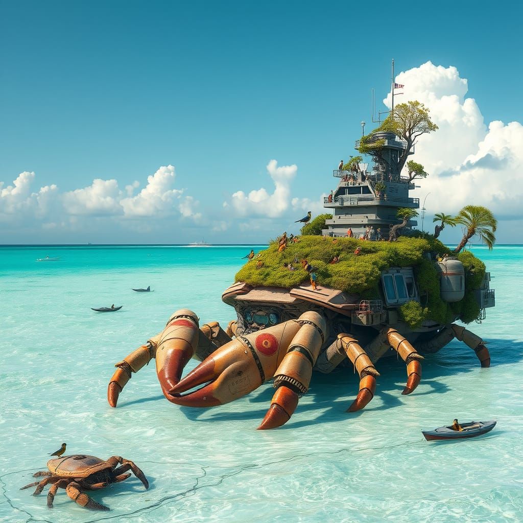 A colossal hermit crab, its shell replaced by a fully functi...