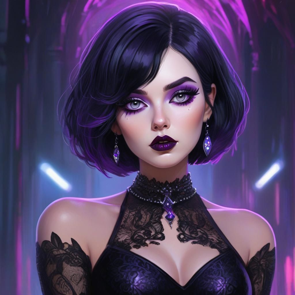 Gothic Voluptuous Woman with Holographic Makeup, Digital Pai...