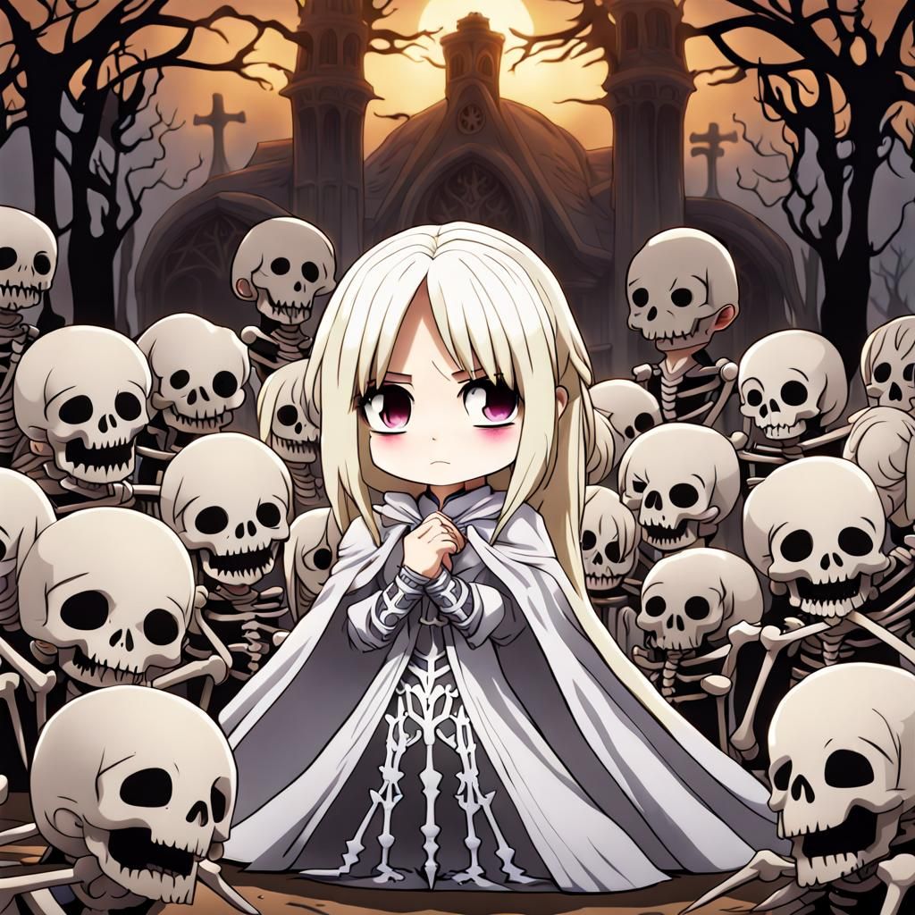 Chibi Anime Necromancers Surrounded by Skeletons