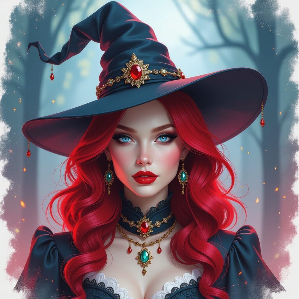 Albino Witch with Red Hair in Noir Watercolor Style