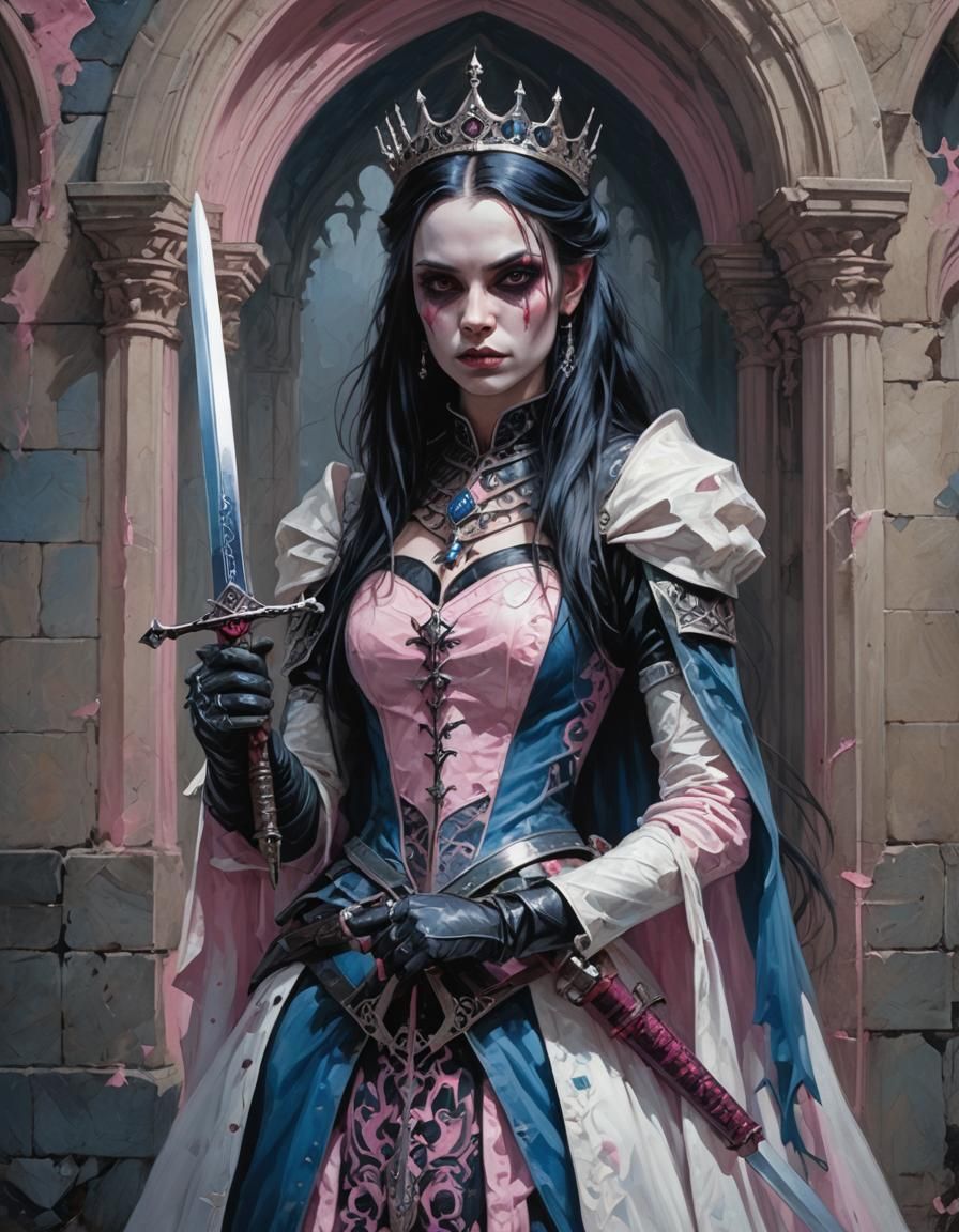 Dark Gothic Princess with Sword in Pink and Blue