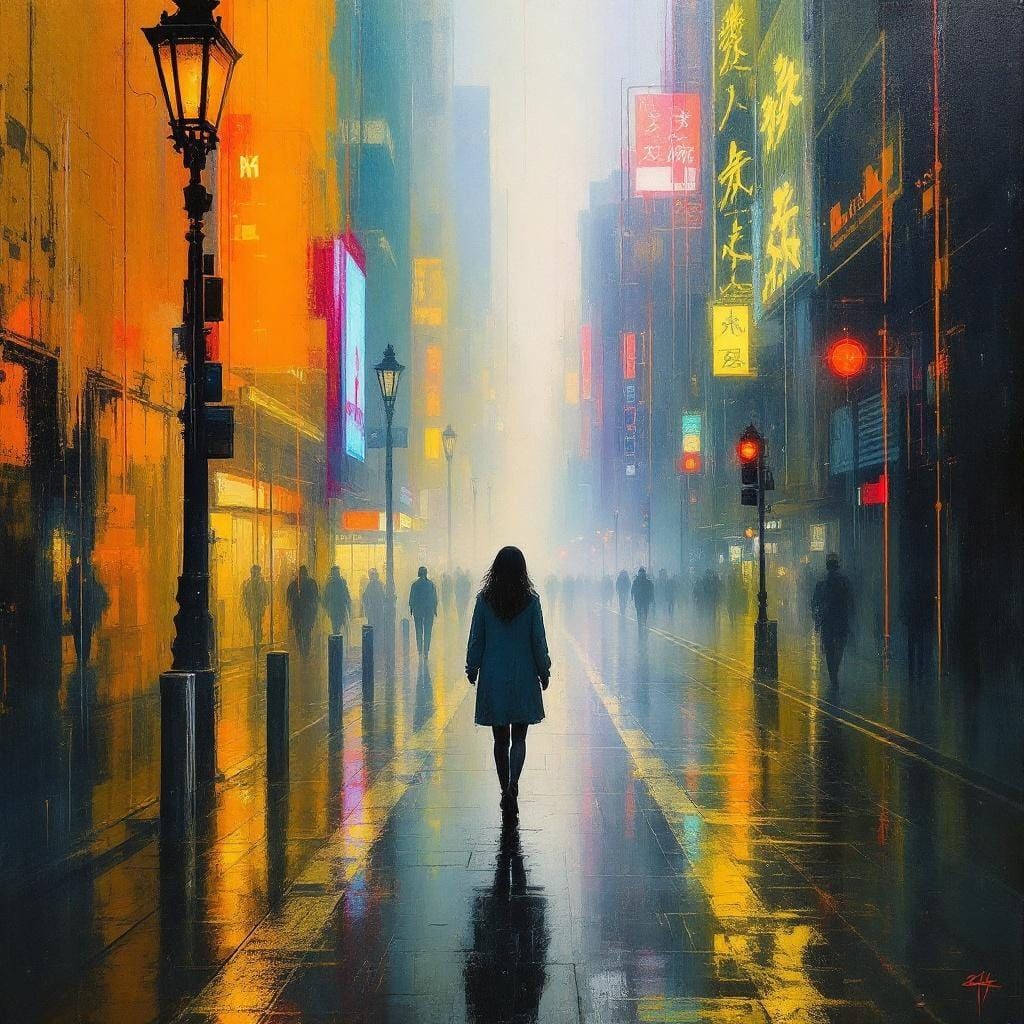 Neon Noir Hong Kong in Atmospheric Impasto Style