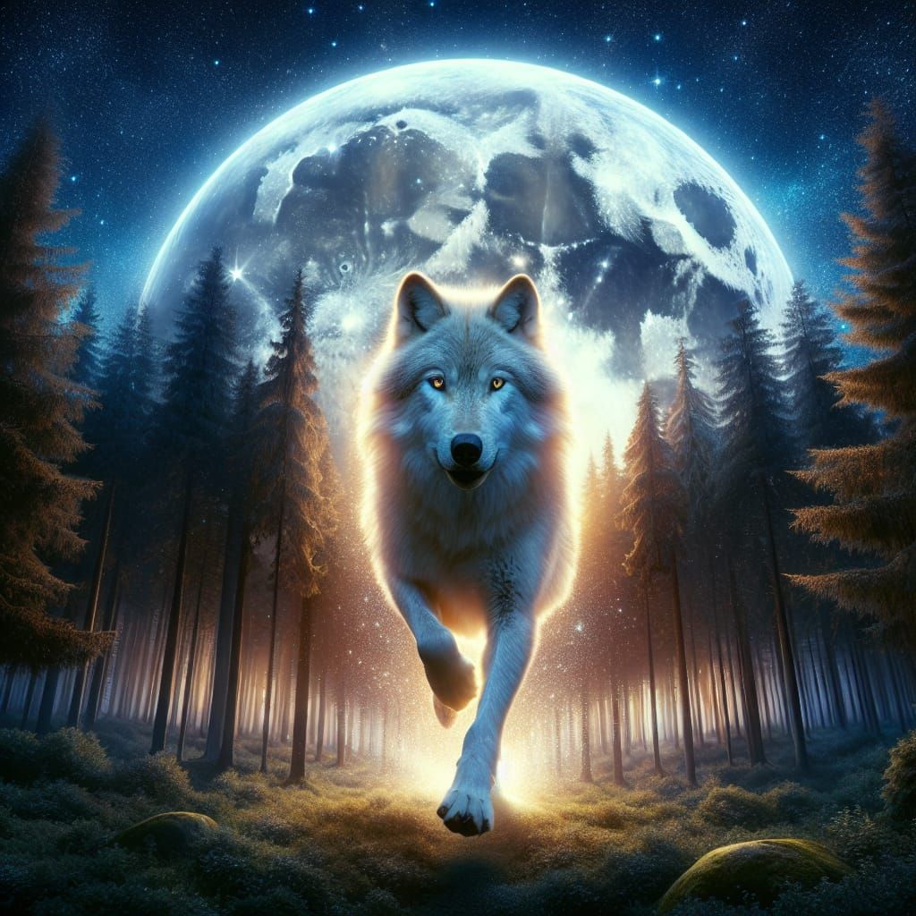 Ethereal Starlit Night: Majestic Wolf under Full Moon's Illu...