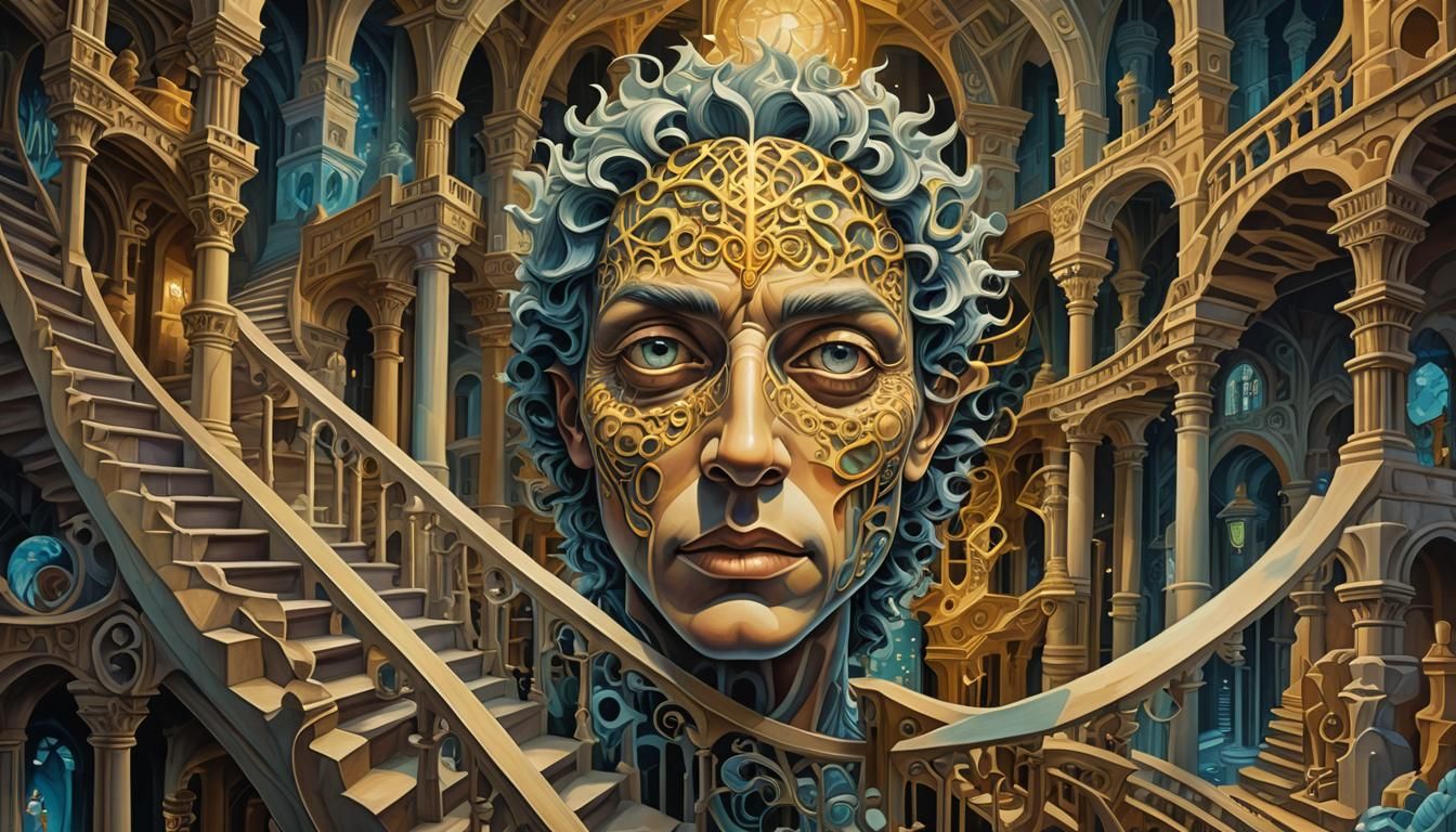 Surreal Fractal Face in Dreamlike Escher Landscape