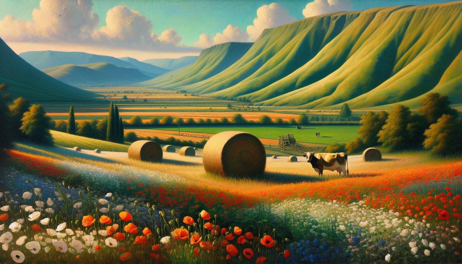 Renaissance Countryside with Vibrant Poppies, in Oil Paintin...