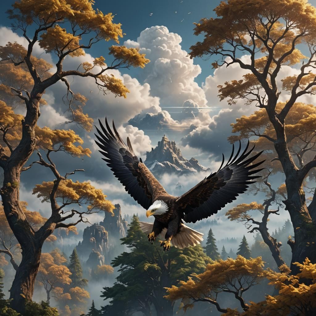 Eagle Flying Among Clouds: Detailed Matte Painting