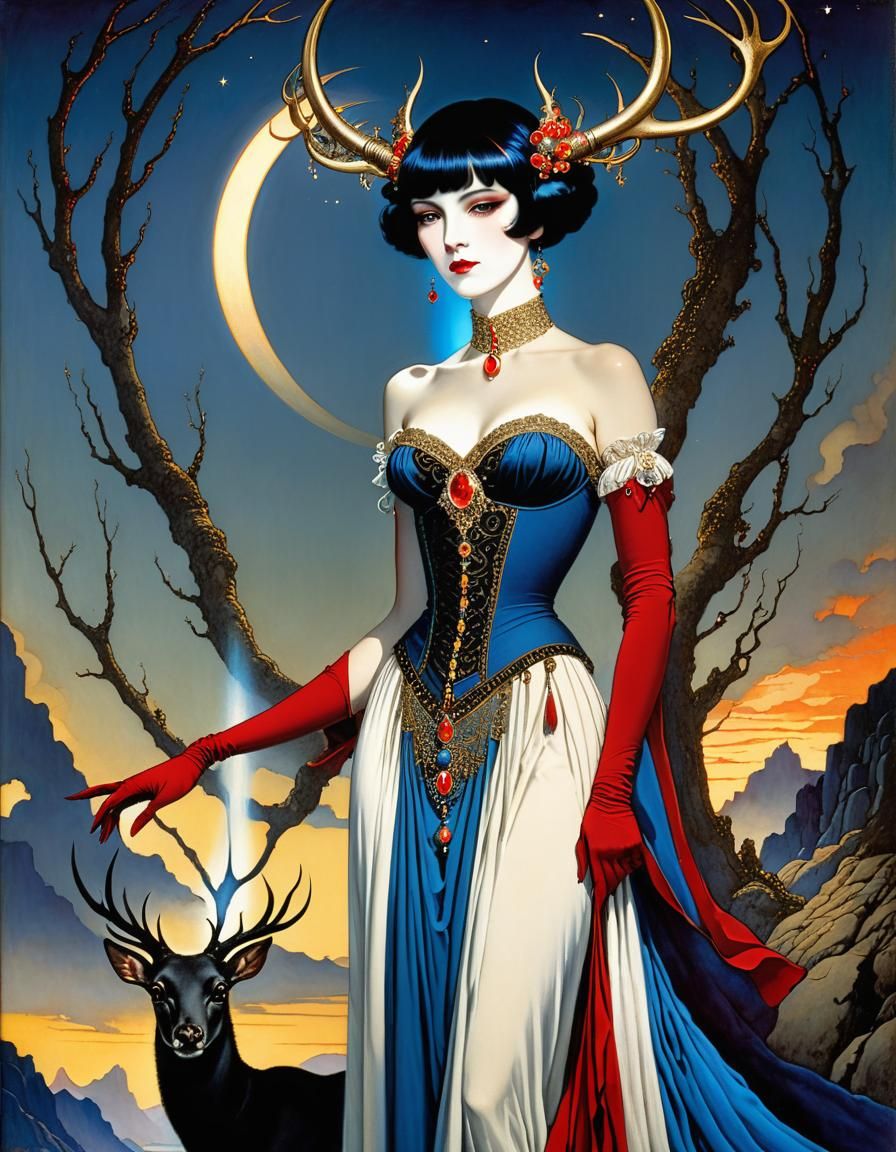 Stag Antlered Woman in Jewel Tones, Pen and Ink Style