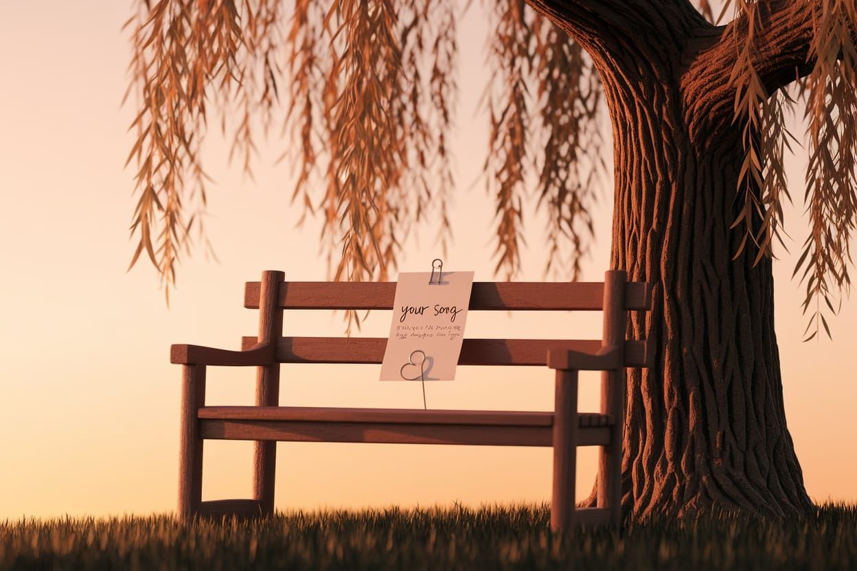 Peaceful Sunset Scene with Willow Tree and Bench