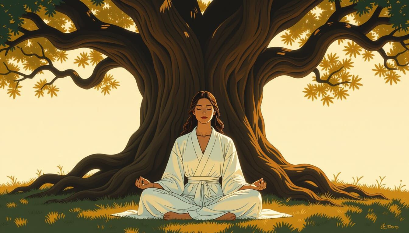 Meditating Woman Under Tree of Life in Moebius Style