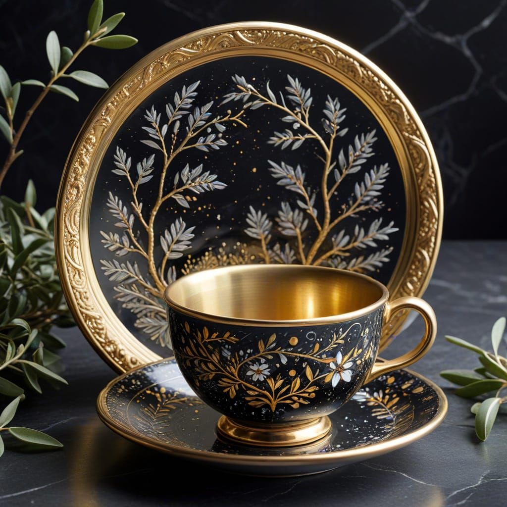 Shimmering Chrome Teacup with Palestinian Art Motifs