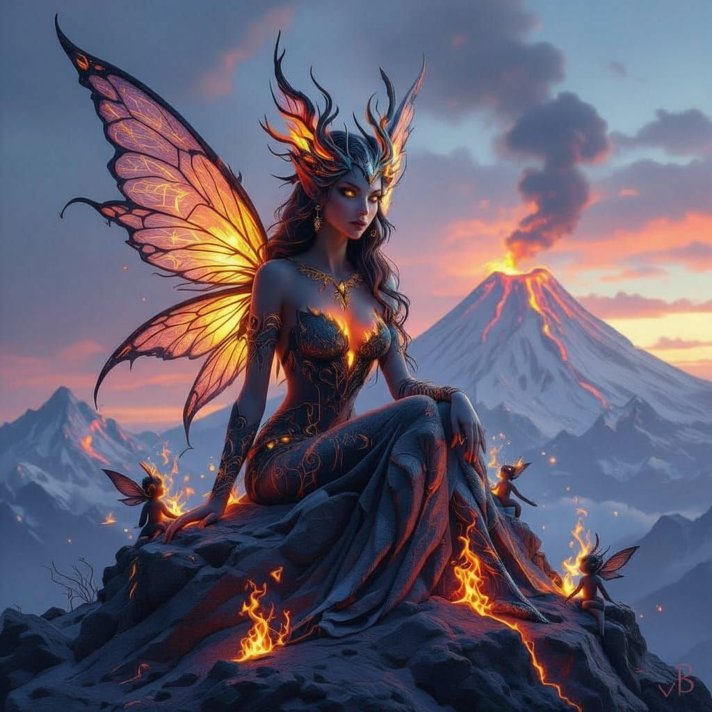 Stone and Fire Goddess with Fairy Wings on Mountain