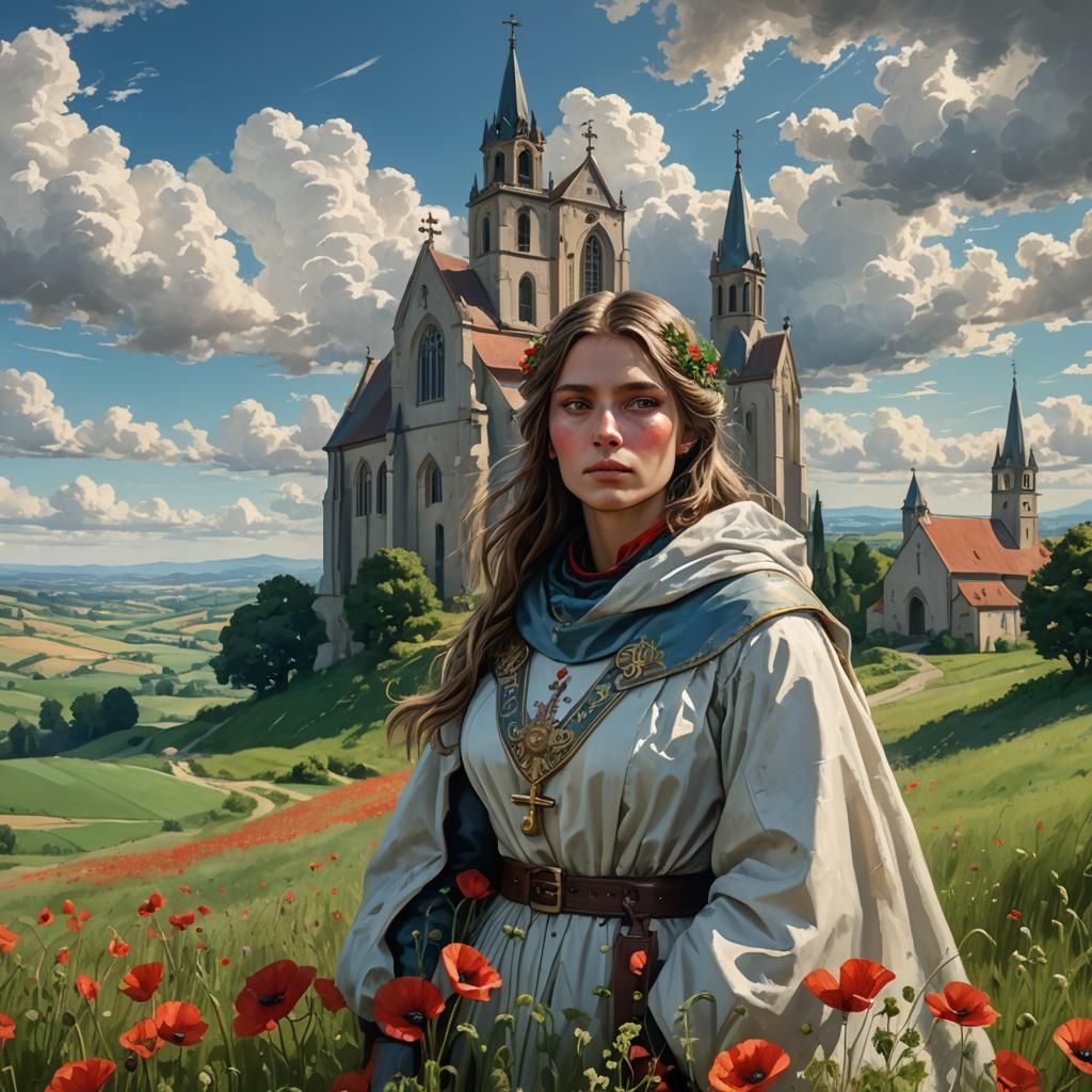 Medieval Church Amid Poppies: Digital Art