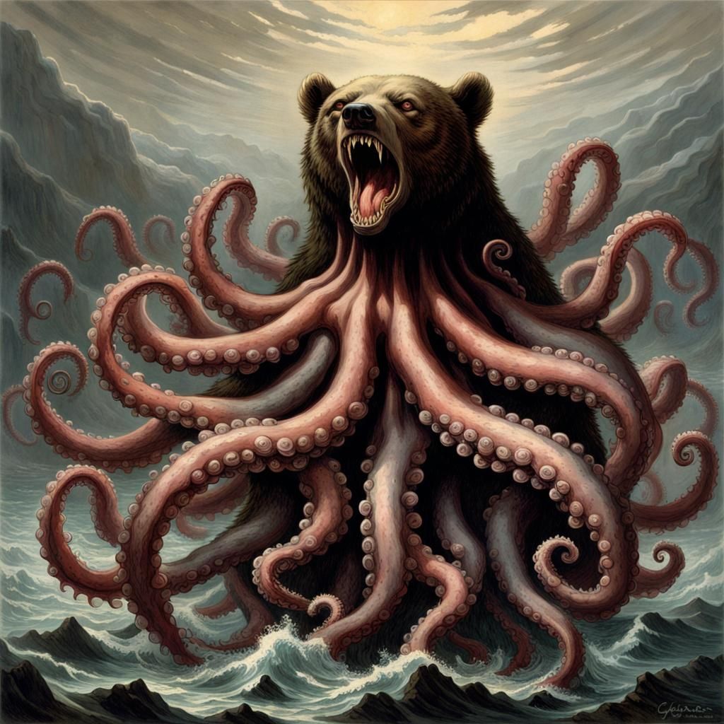 Nightmarish Tentacled Bear Devouring Brains, Horror Art
