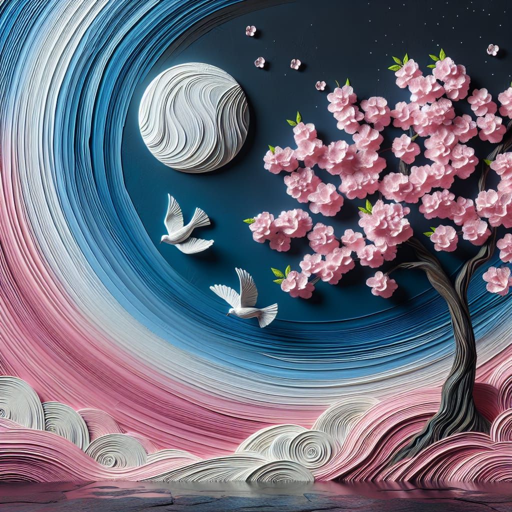Cherry Blossom Tree with Doves: Impasto Painting