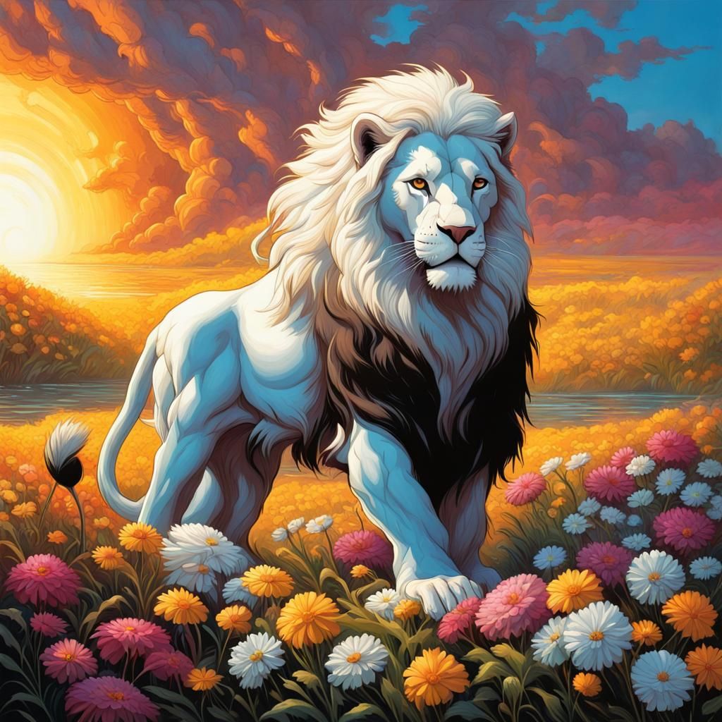 Majestic White Lion in Field of Colorful Flowers