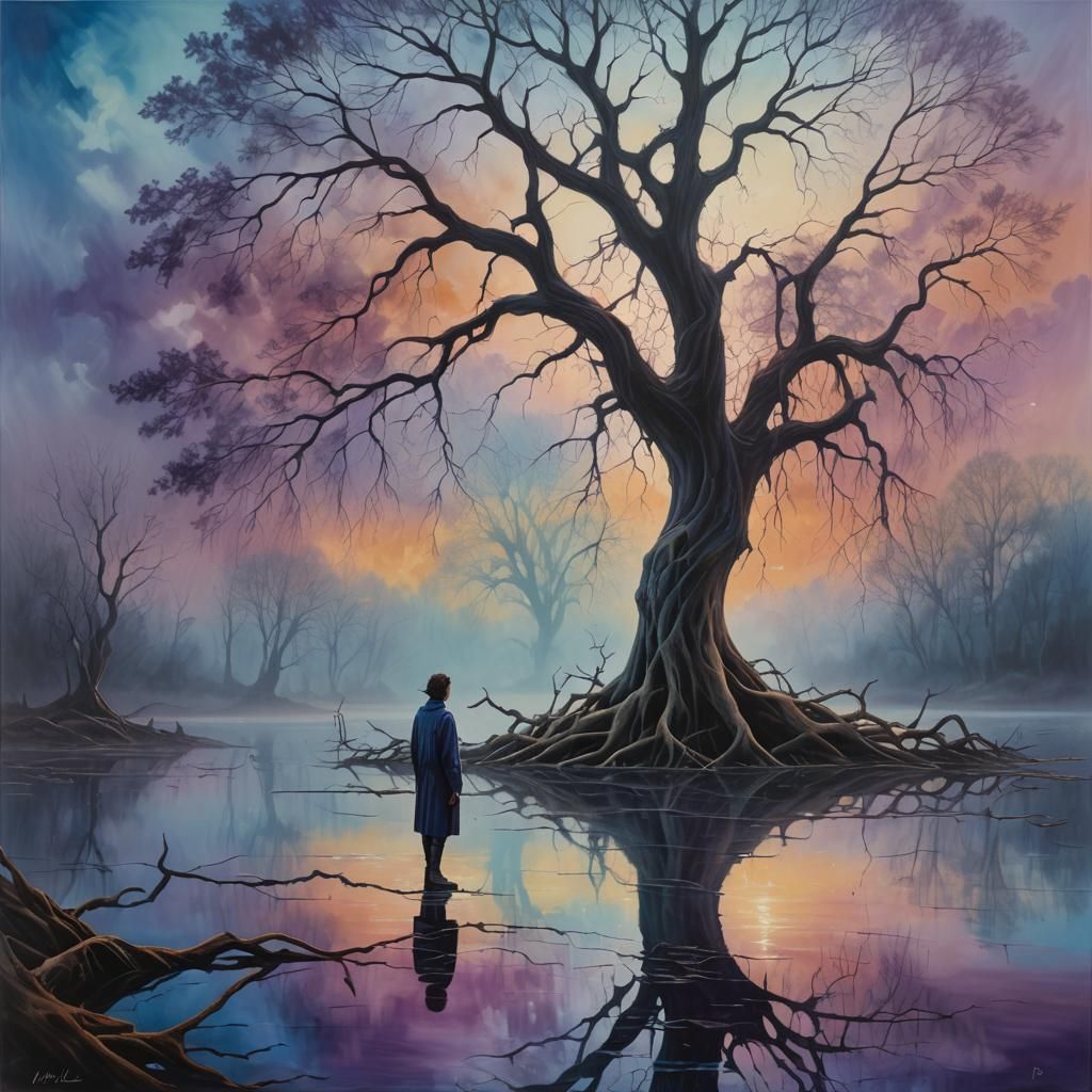 Surreal Lakeside Figure in Dreamlike Oil Painting