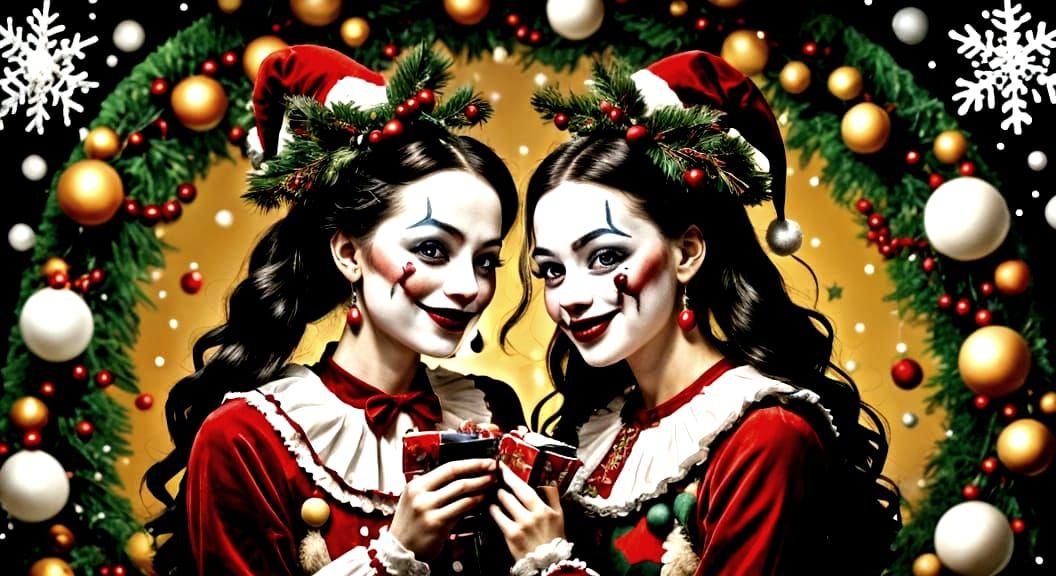 Two Adorable Clowns Exchanging Gifts in Festive Style