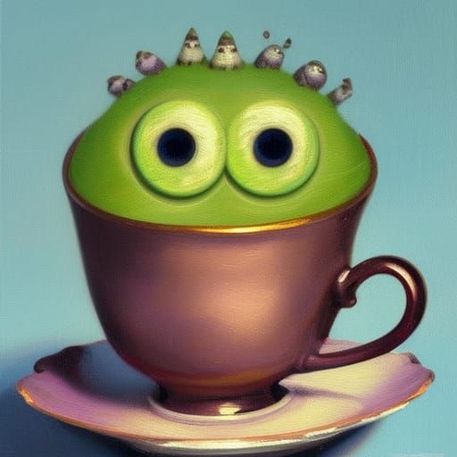 Googly eyed monster in a teacup