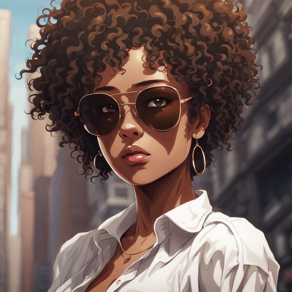 Fashionable Woman with Afro in Anime Style