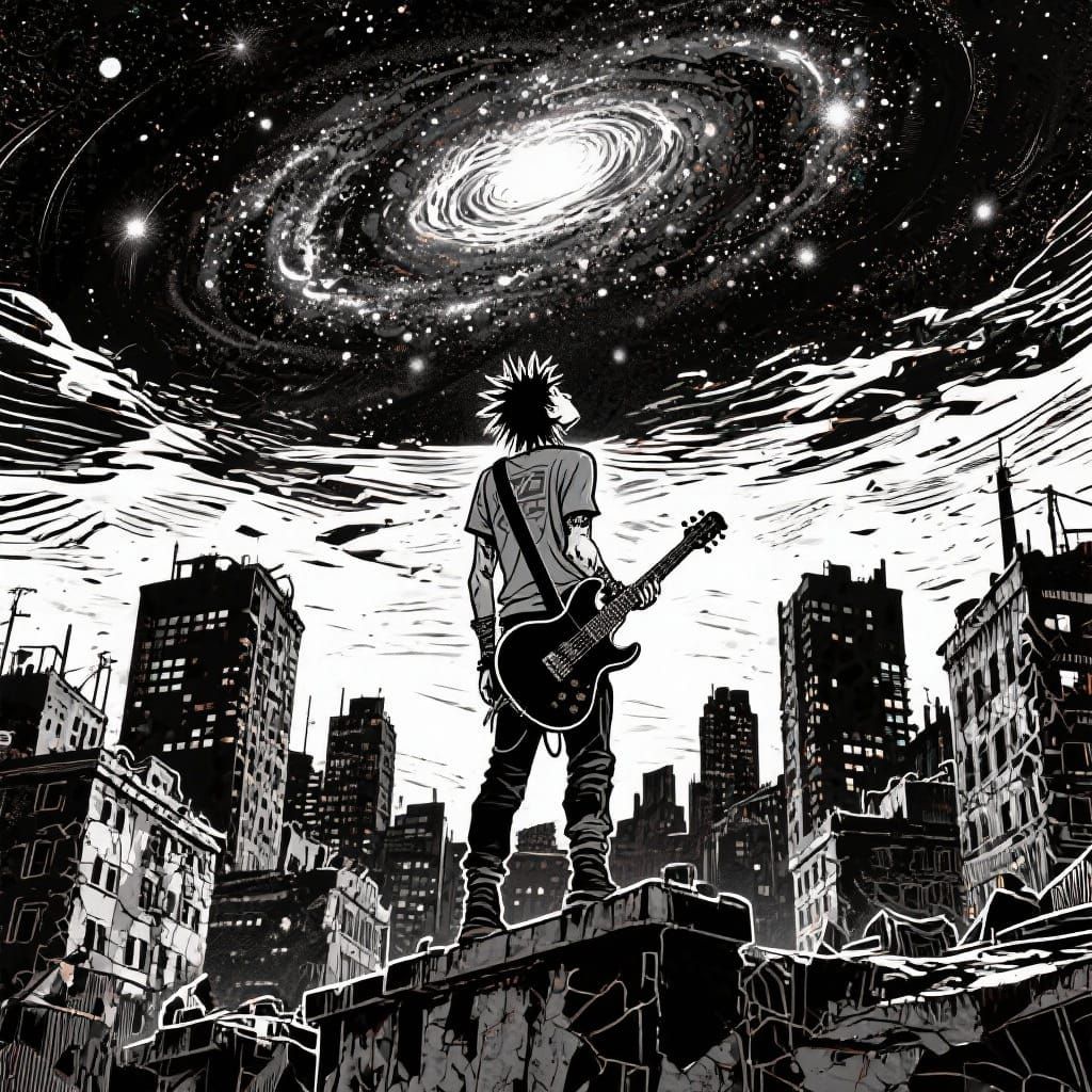Punk Rocker Gazing at Galaxy in Linocut Style