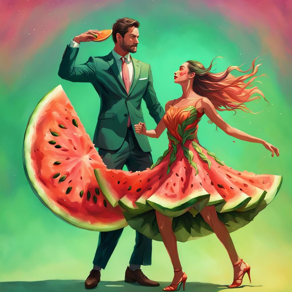 Girl in Watermelon Dress Dancing with Carrot Man