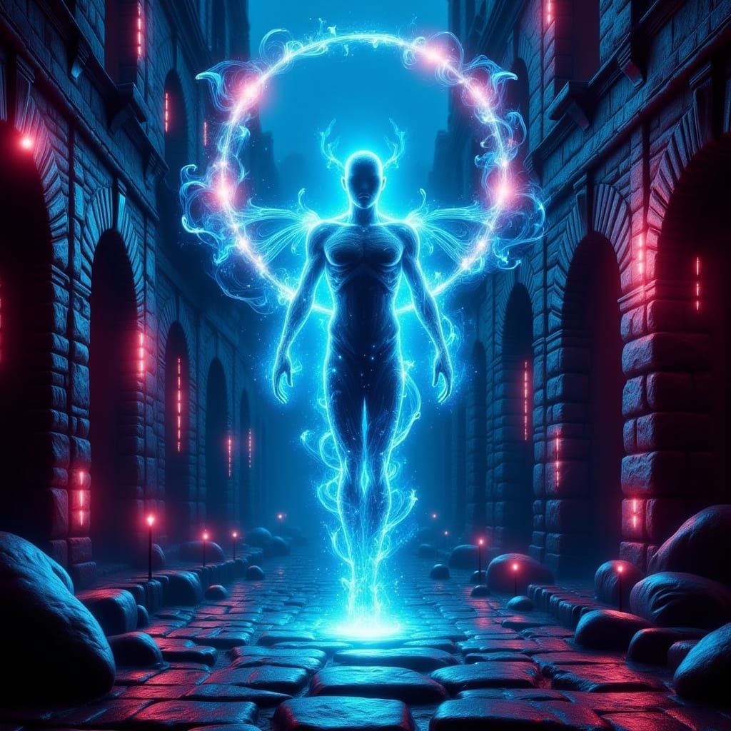 Ethereal Energy Figure Emerges from Cityscape