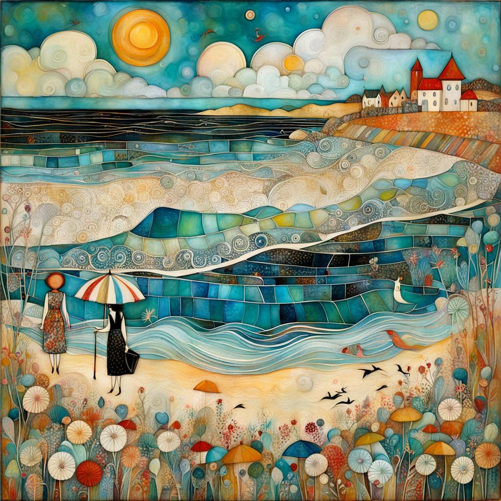 Encaustic Summer Beach in Beardsley Style