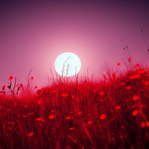 Glowing Red Flowers in Moonlit Monochrome Field
