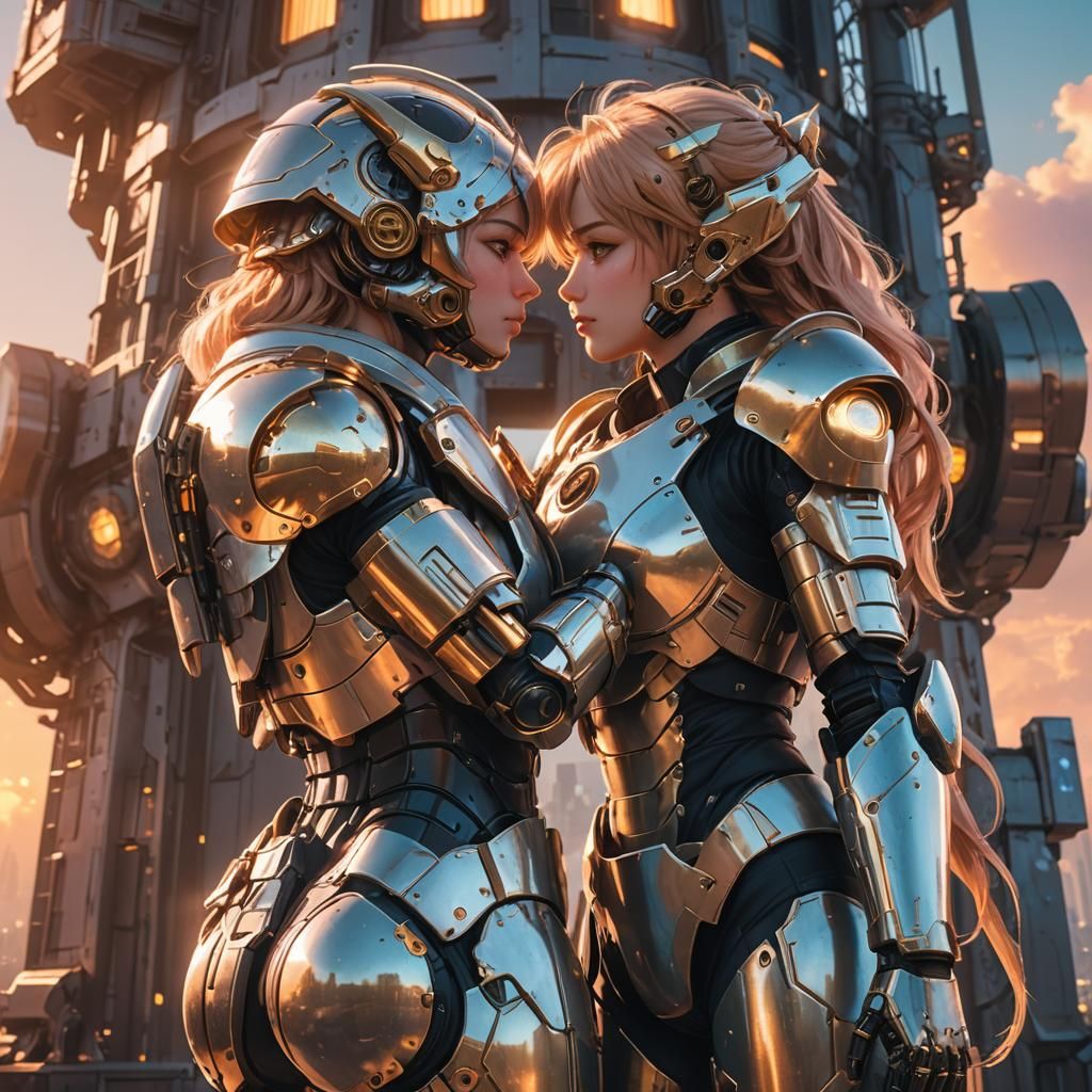 Anime Girls Kissing on Futuristic Tower