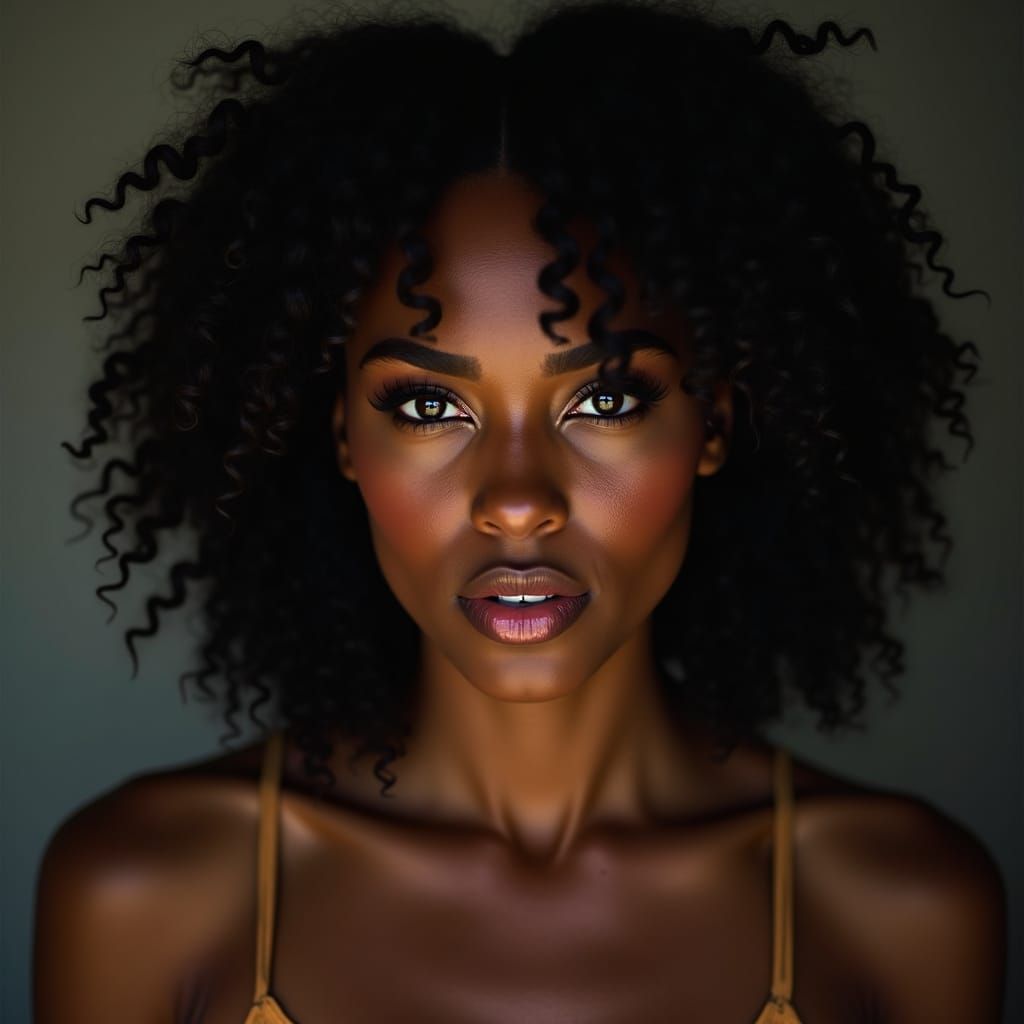 Beautiful, dark tanned woman, with black curly hair