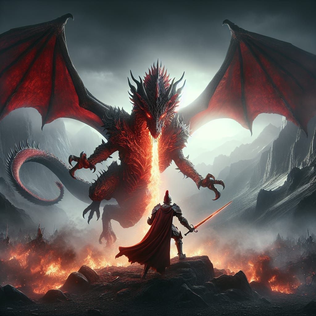 epic fight moment between a huge red dragon and a knight