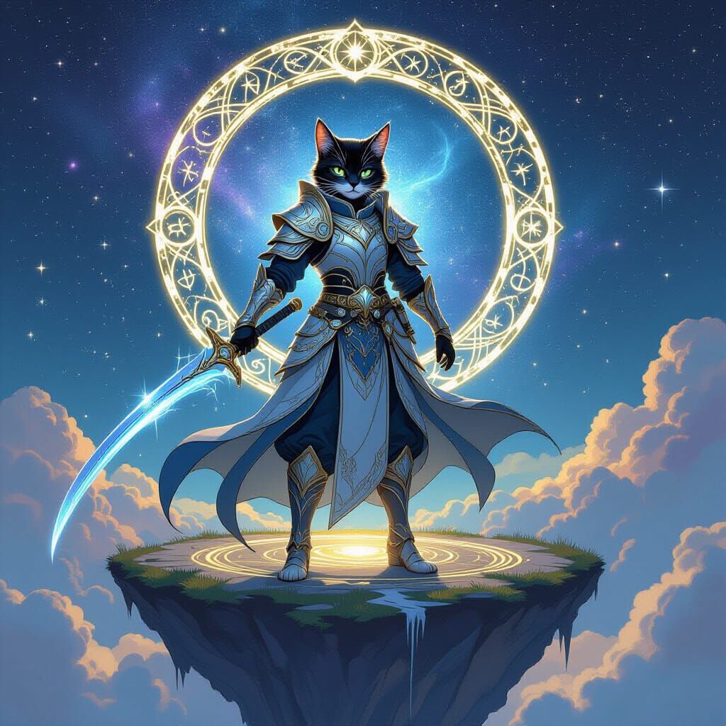 Celestial Cat Warrior in Cosmic Landscape