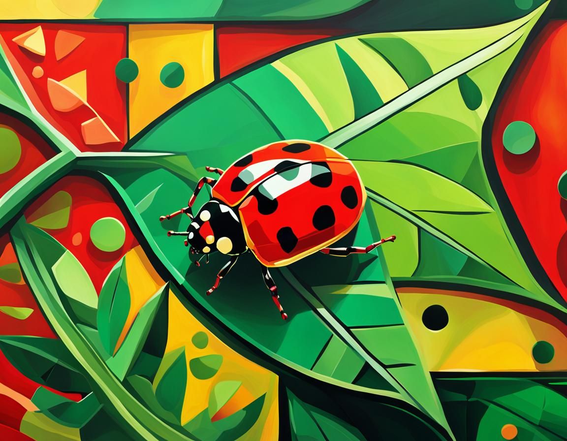 Cubist Ladybug on Leaf in Geometric Fauvism