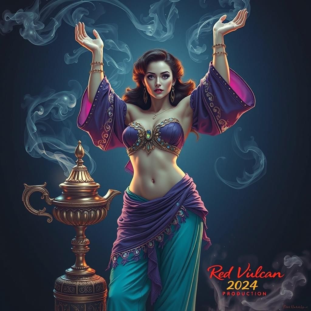 Mystical brunette, female genie emerging from the opening of an ornate, ancient lamp as swirling, ethereal smoke, coales...