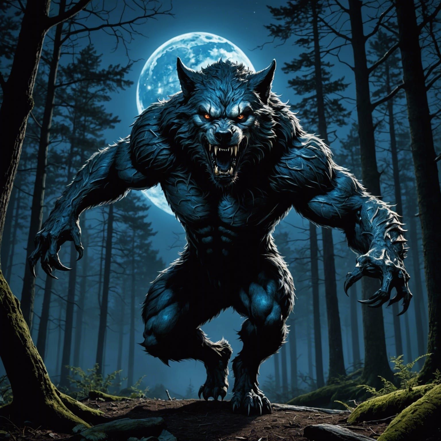 Hyperrealistic Werewolf Pouncing Under Blue Moon
