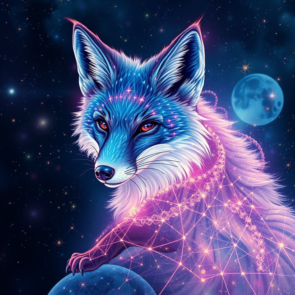 Sapphire Ocean Fox: Holographic Cosmic Illustration