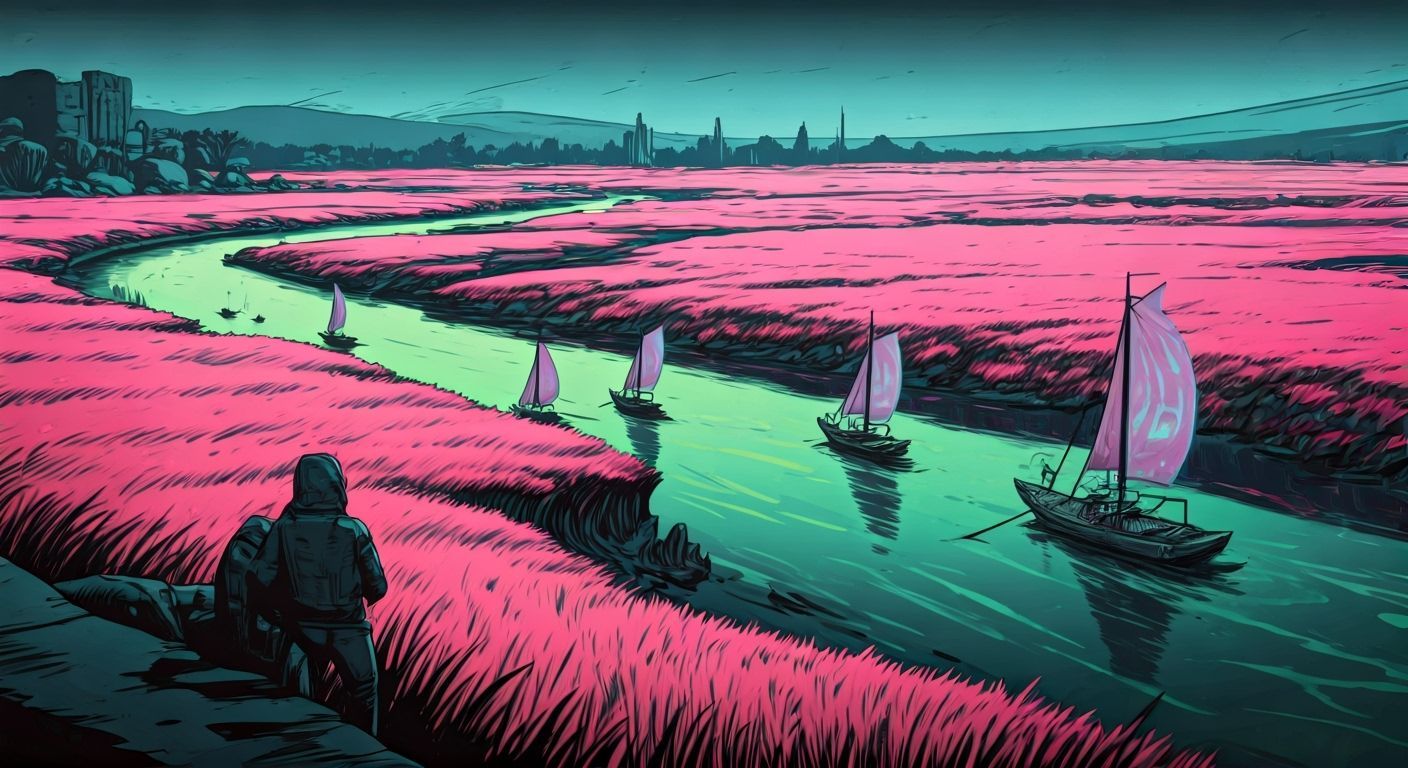 Futuristic Nile River Panorama in Graphic Novel Style