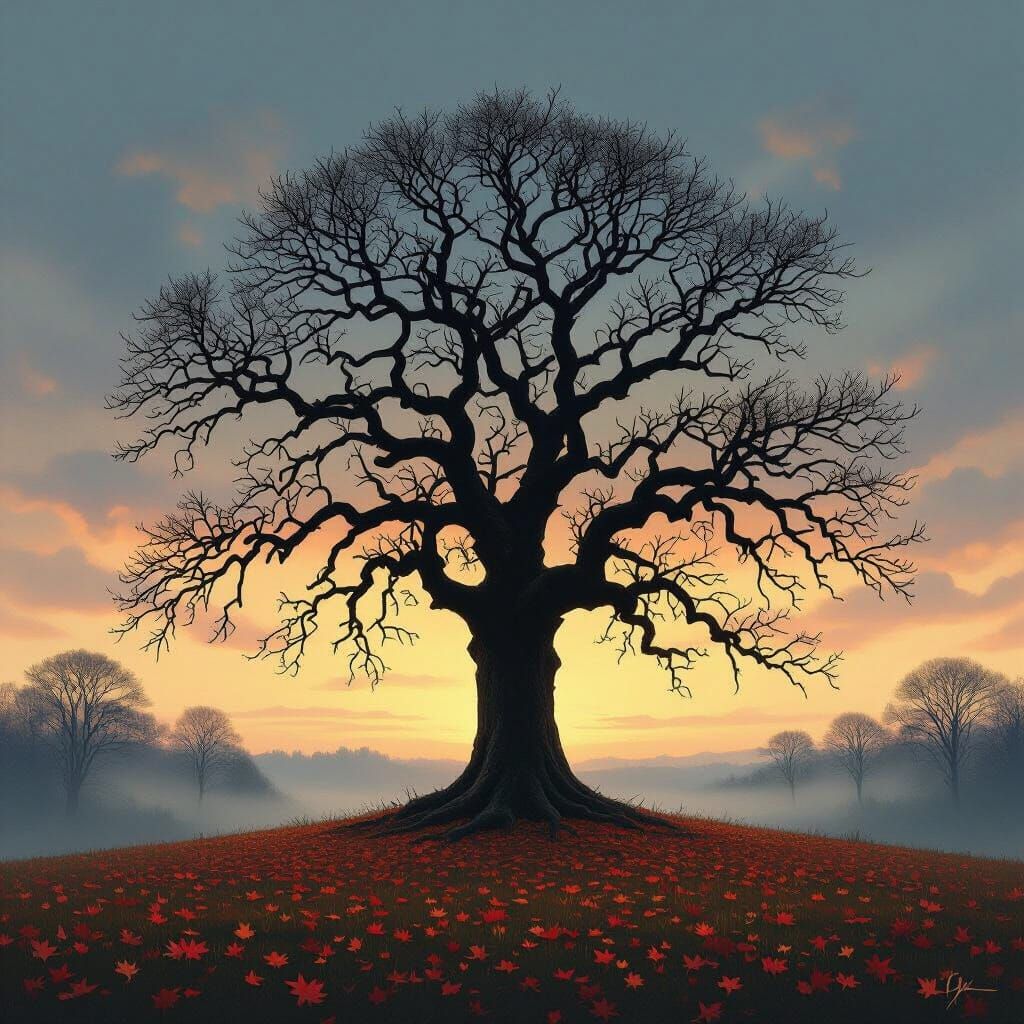 Oak Tree Silhouette at Twilight: Dark Fantasy Art
