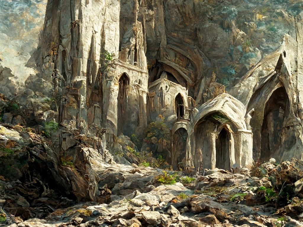 Granite Cathedral Ruins in Antique Oil Painting Style