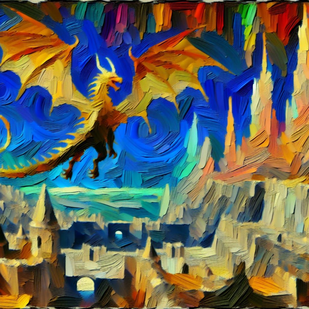Majestic Dragon Soaring Over Fantasy Kingdom as Impasto Pain...