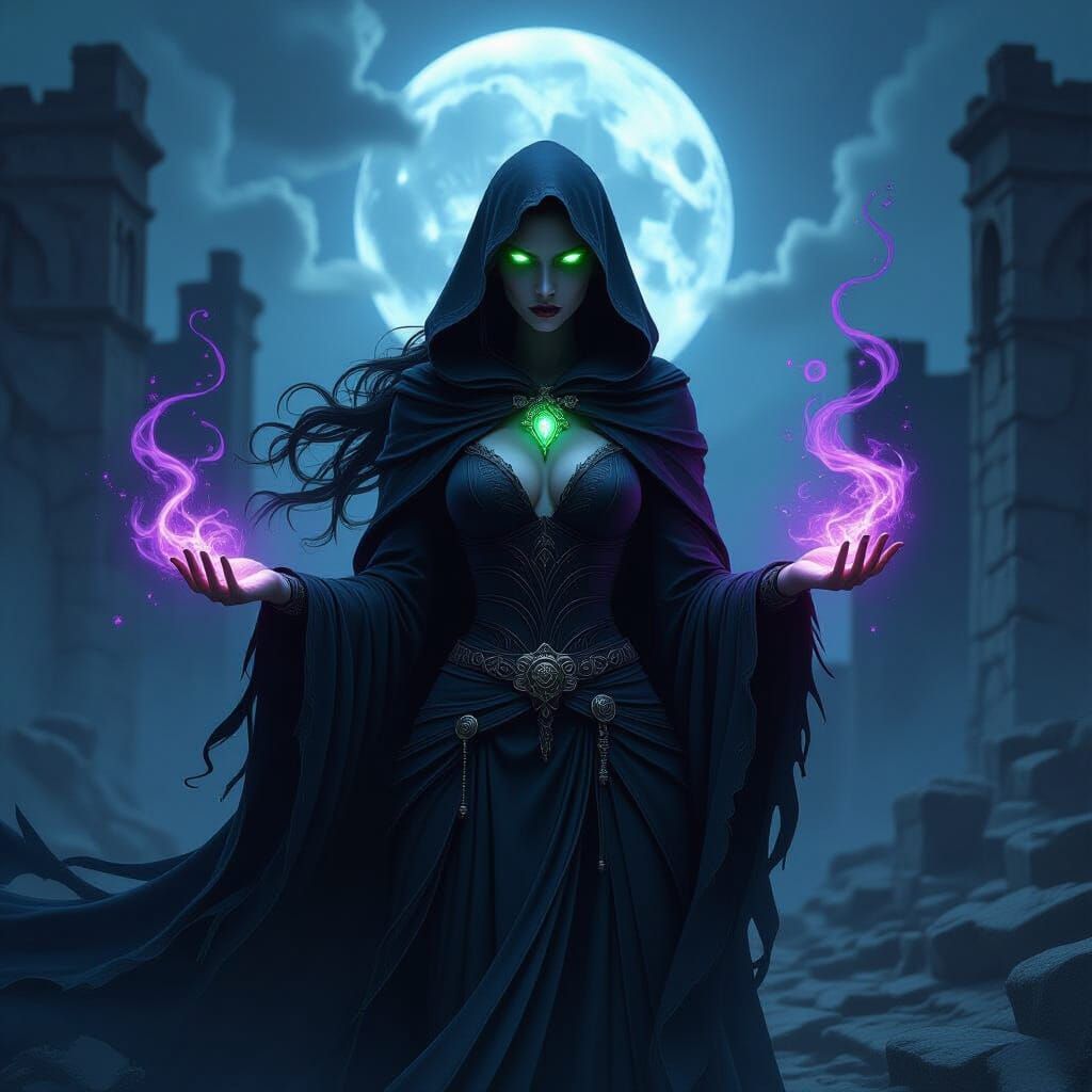 Formidable Sorceress in Shadowed Ruins