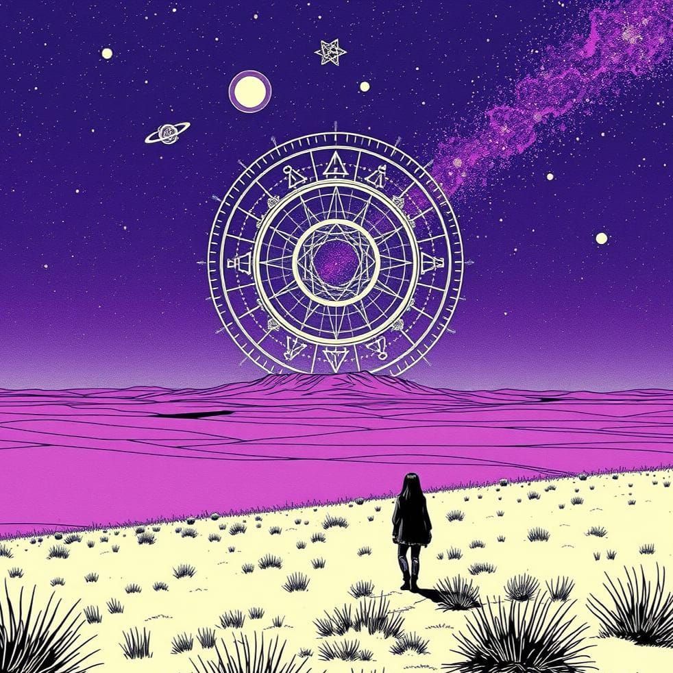 Celestial Symbols in Ultraviolet Landscape, Minimalist Illus...