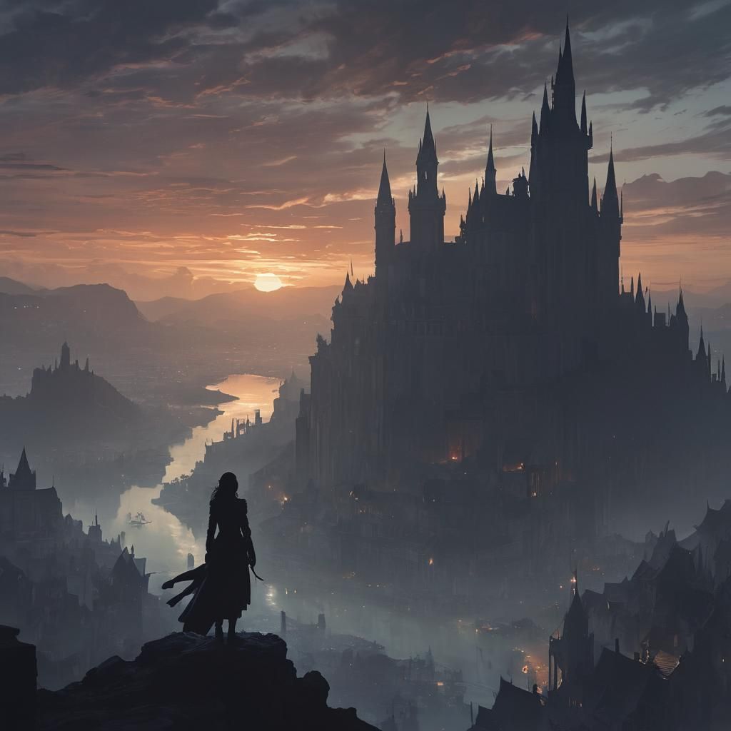 Fantasy City Sunrise with Ominous Shadow