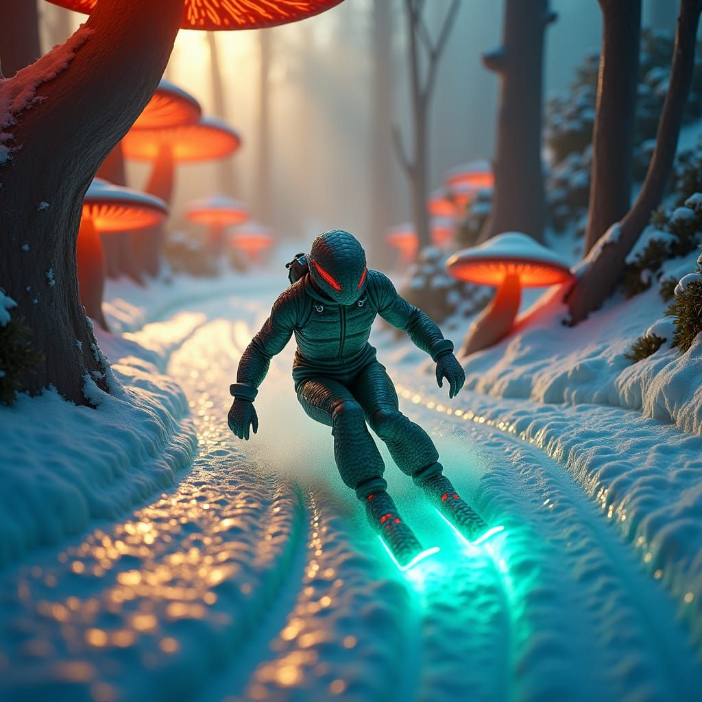 Creature from the Black Lagoon in Cyberpunk Ski Scene