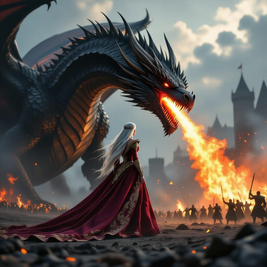 Tiny Fantasy Queen on Dragon Amidst Fiery Battlefield