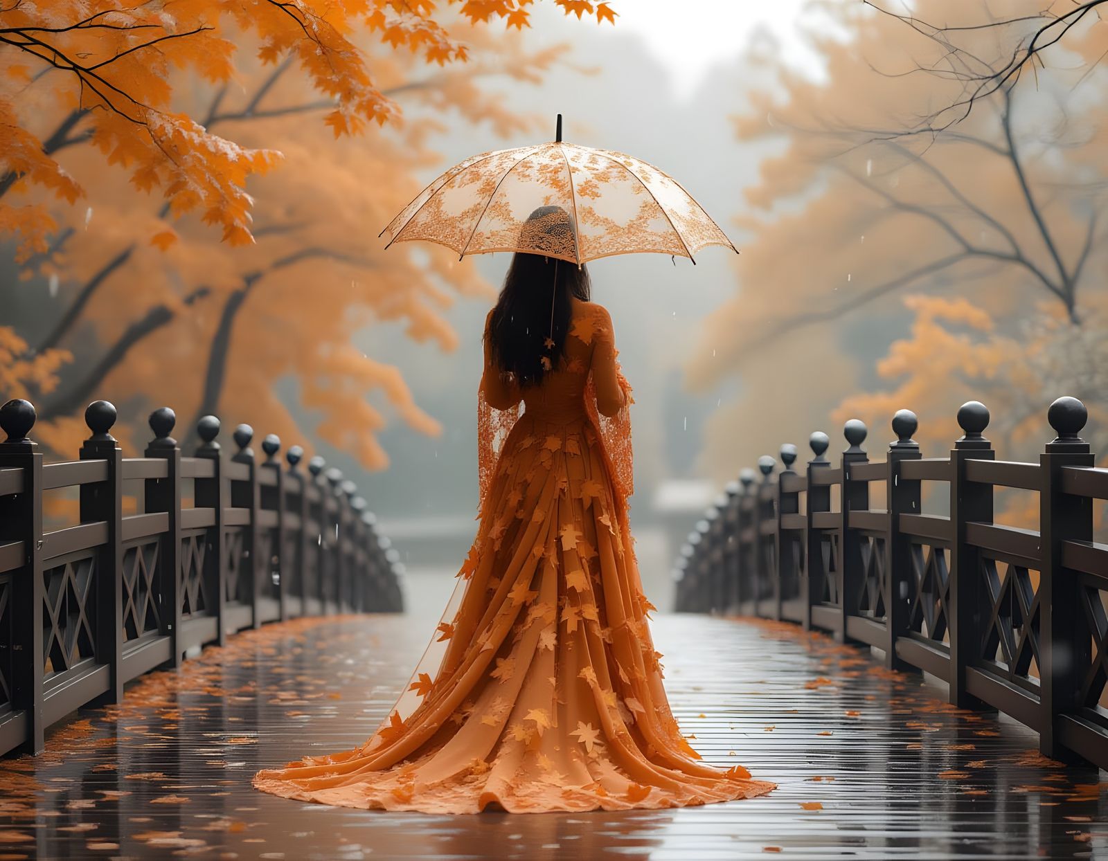 Woman in Lace Cloak Amidst Autumn Snow and Rain