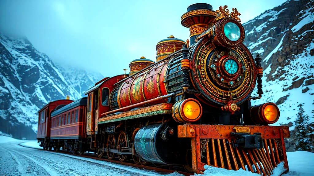 Aztec Steampunk Train in Winter Mountains